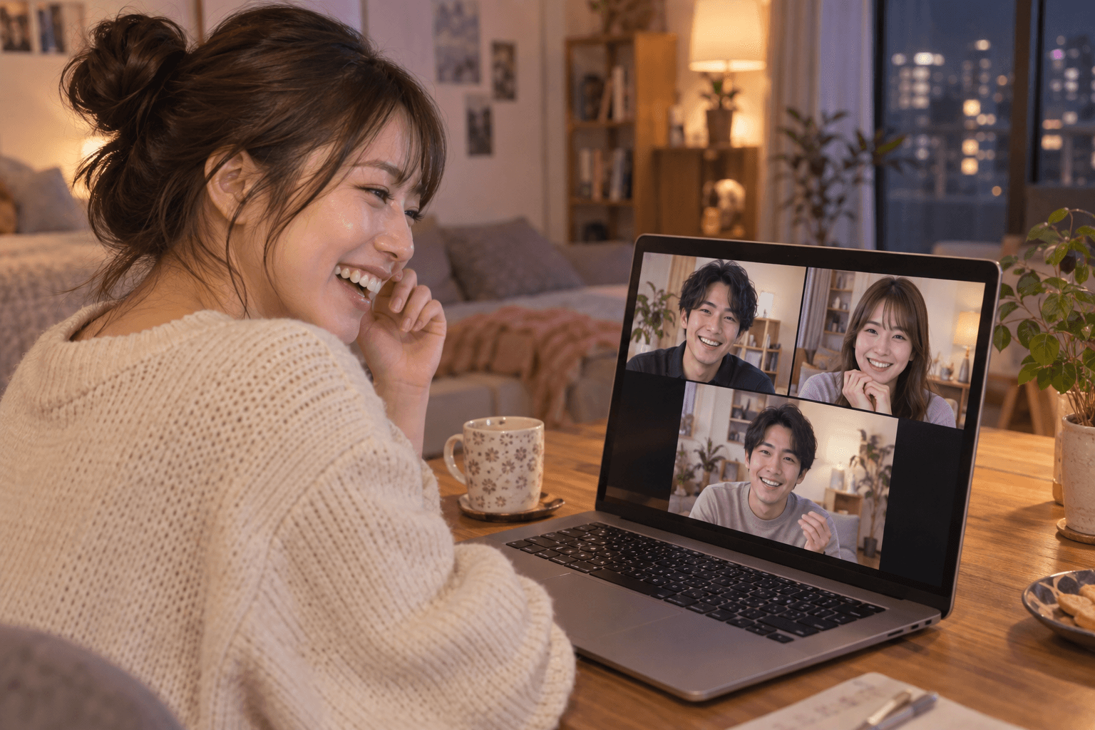 自宅からグループビデオ通話を楽しむ大人たちのAIイメージ