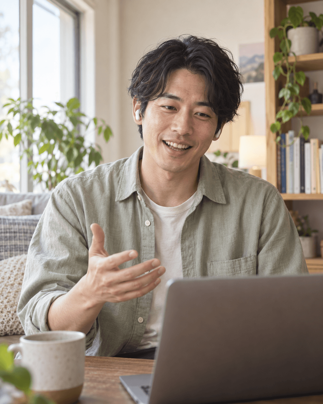 笑顔でビデオ通話をする男性のAIイメージ